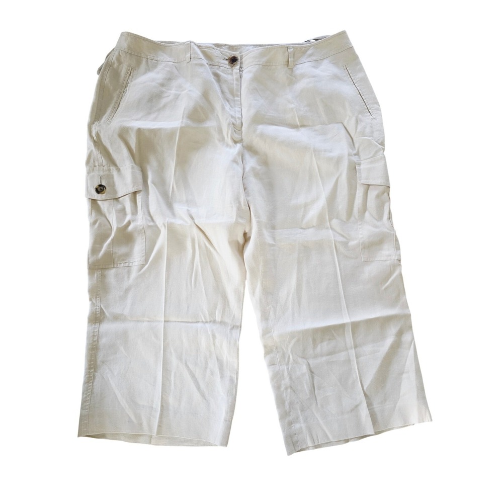 ANNE KLEIN‎ Womens 22W Beige Linen Cargo Capri Pants Cropped Beach Wide Leg - Picture 3 of 11
